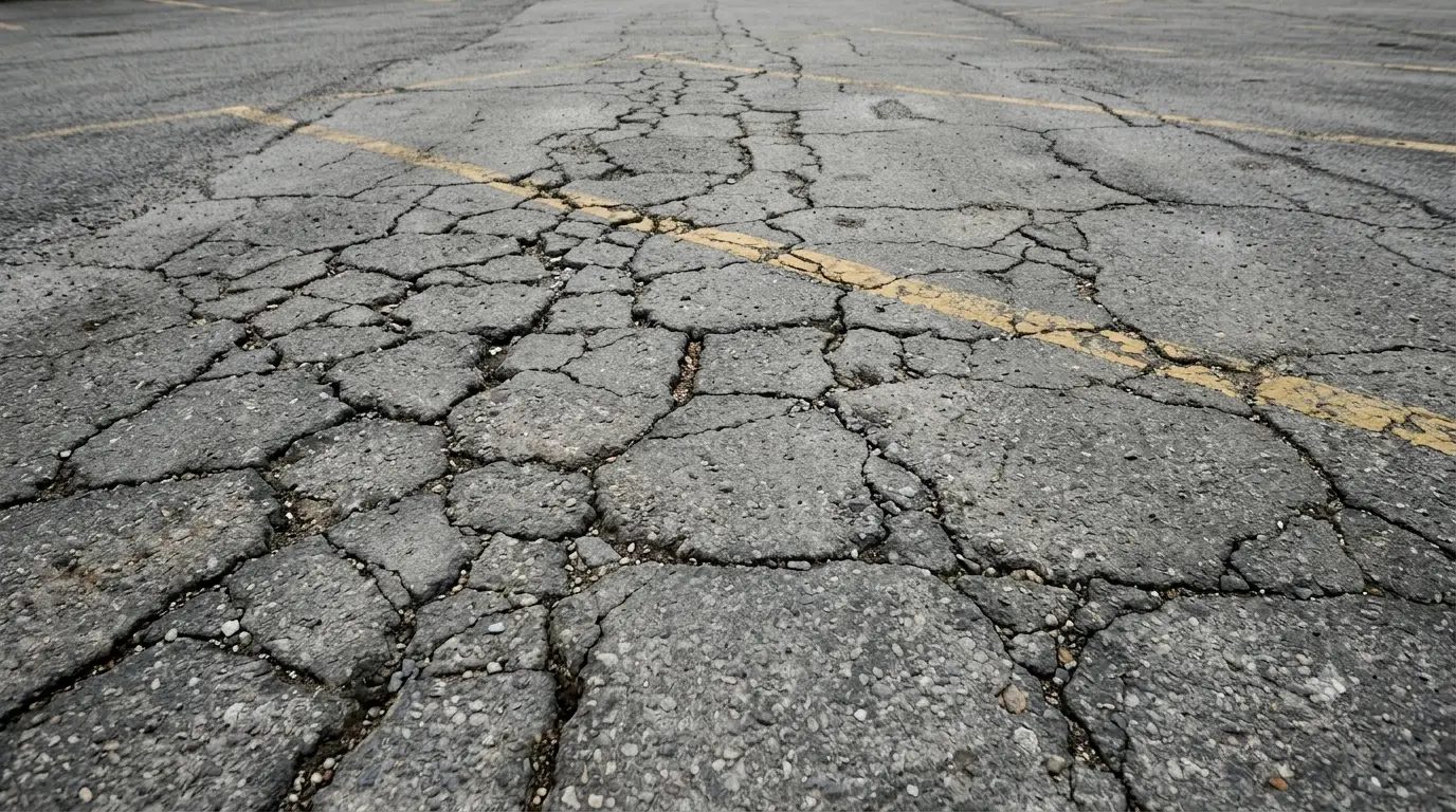 Cracked and deteriorating asphalt pavement across a shared site