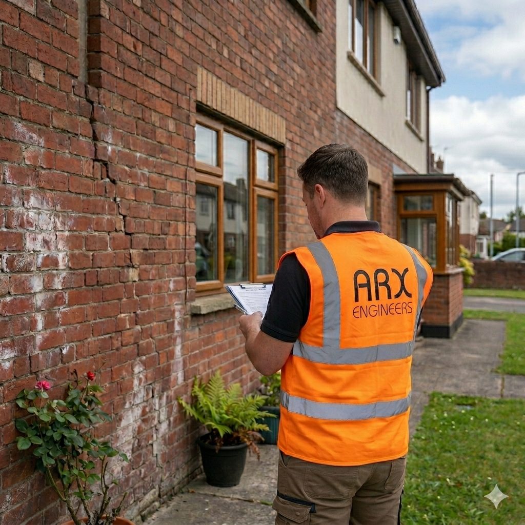 ARX engineer inspecting a brick wall on site as part of a dilapidation report